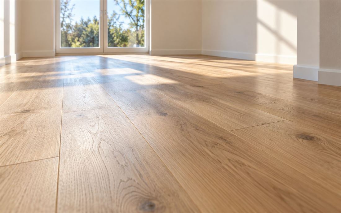 Neu verlegter Eichendielenboden in einem leeren hellen Raum, Sonnenlicht fällt durch die Fenstertür auf die Dielen