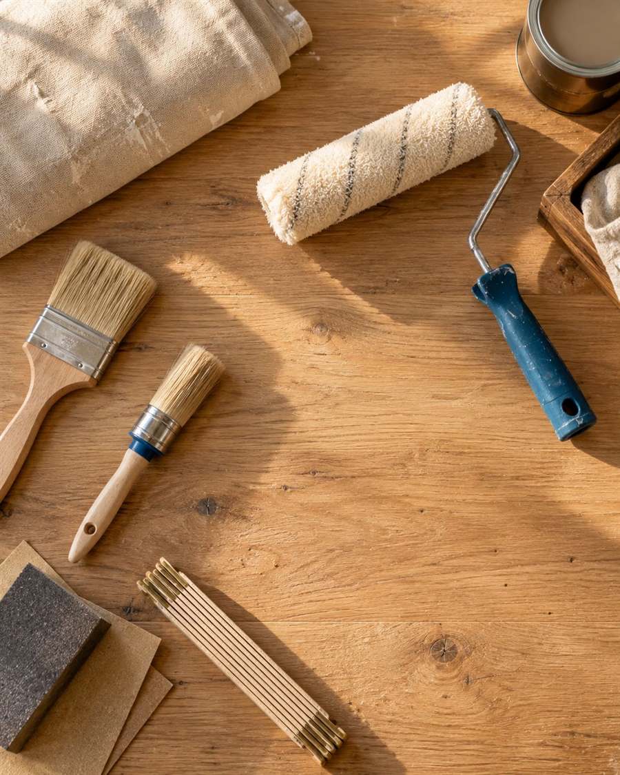 Malerwerkzeug von oben auf einer Holzfläche: zwei Pinsel, eine Farbrolle, Schleifklotz mit Schleifpapier, Zollstock, Abdecktuch und eine offene Farbdose